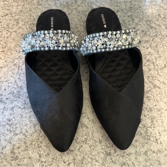 Birdies Shoes - Birdies | Women’s Swan Black Fabric Mules w/Jacquared Beaded Cuff, Size 10, NIB